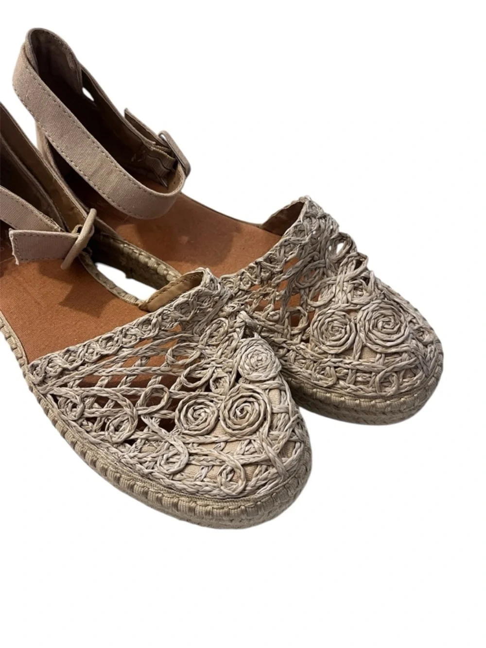 Kaari Blue Lisa Espadrille Sandals Beige Lace Crochet Ankle Strap Flats Size 7.5